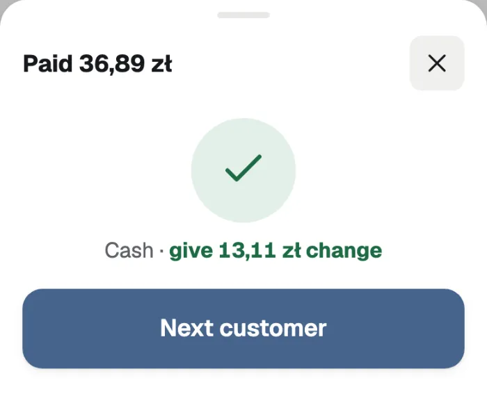 Paid 36,89 zł, give 13,11 zł change. A Next customer button.