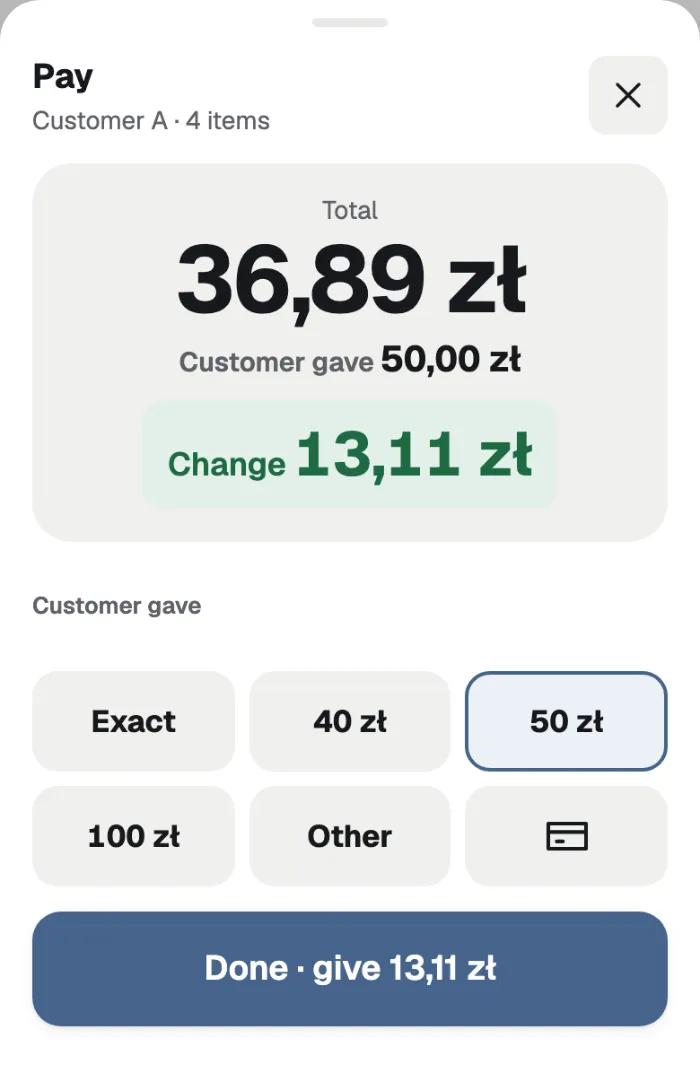 Paying in cash: total 36,89 zł, the customer gave 50 zł, change 13,11 zł, and the quick amounts.