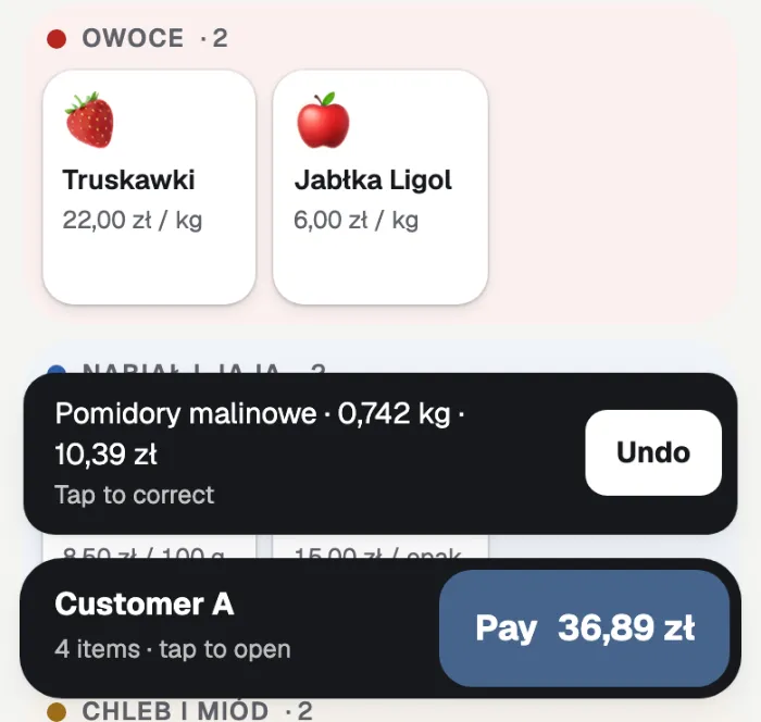Tomatoes added to the cart: 0,742 kg, 10,39 zł, with an Undo button. The cart holds 4 items, 36,89 zł.