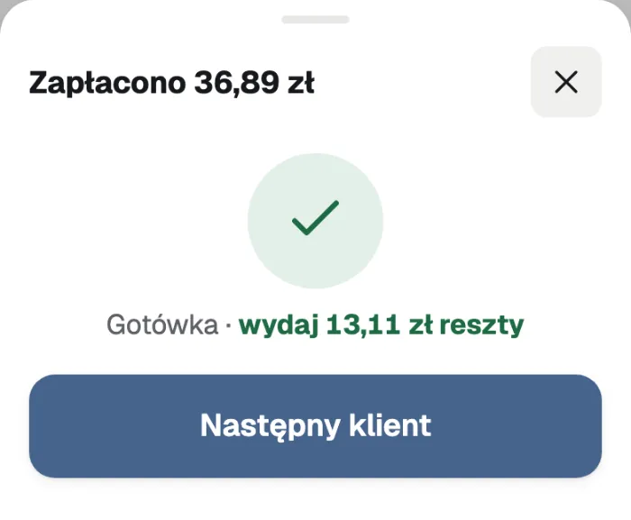 Сплачено 36,89 zł, решта 13,11 zł. Кнопка «Następny klient» (наступний покупець).