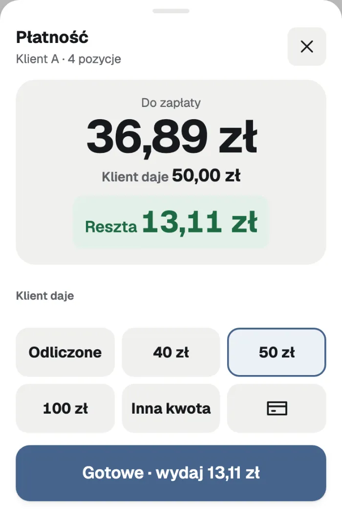 Оплата готівкою: разом 36,89 zł, покупець дав 50 zł, решта 13,11 zł, і швидкі суми.