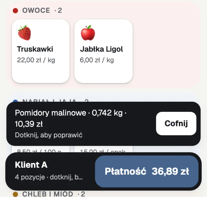 Помідори додано до кошика: 0,742 кг, 10,39 zł, з кнопкою «Cofnij» (скасувати). У кошику 4 позиції, 36,89 zł.