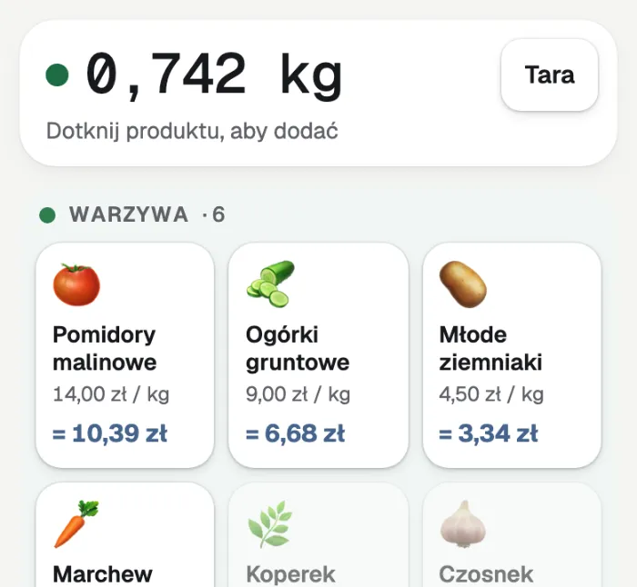 Вага усталилась на 0,742 кг; під помідорами ціна за цю вагу: 10,39 zł.